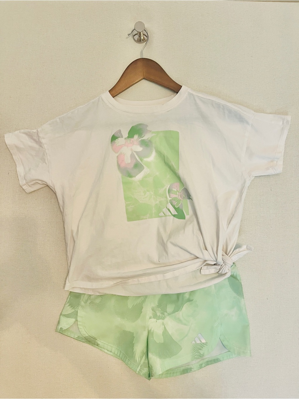 adidas White Tee with Light Green Floral Shorts Set